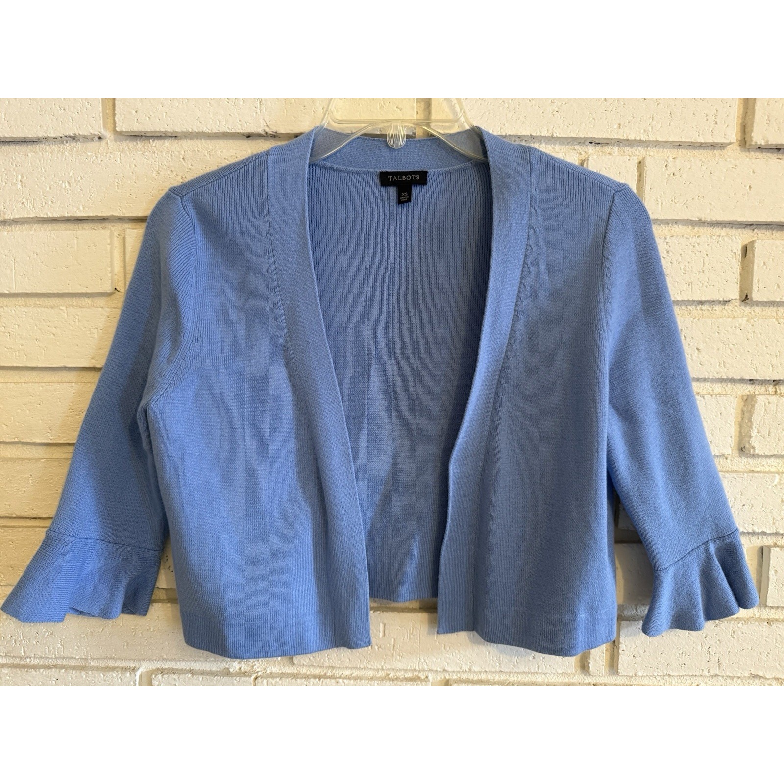 Talbots Sz Xs Lt Blue Crop Short Length Open Front Cardigan 3/4 Ruffle Sleeve